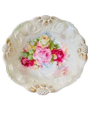 VINTAGE BOWL VICTORIAN GERMAN HAND-PAINTED ROSE FLORAL SCALLOP RIM PINK WHITE